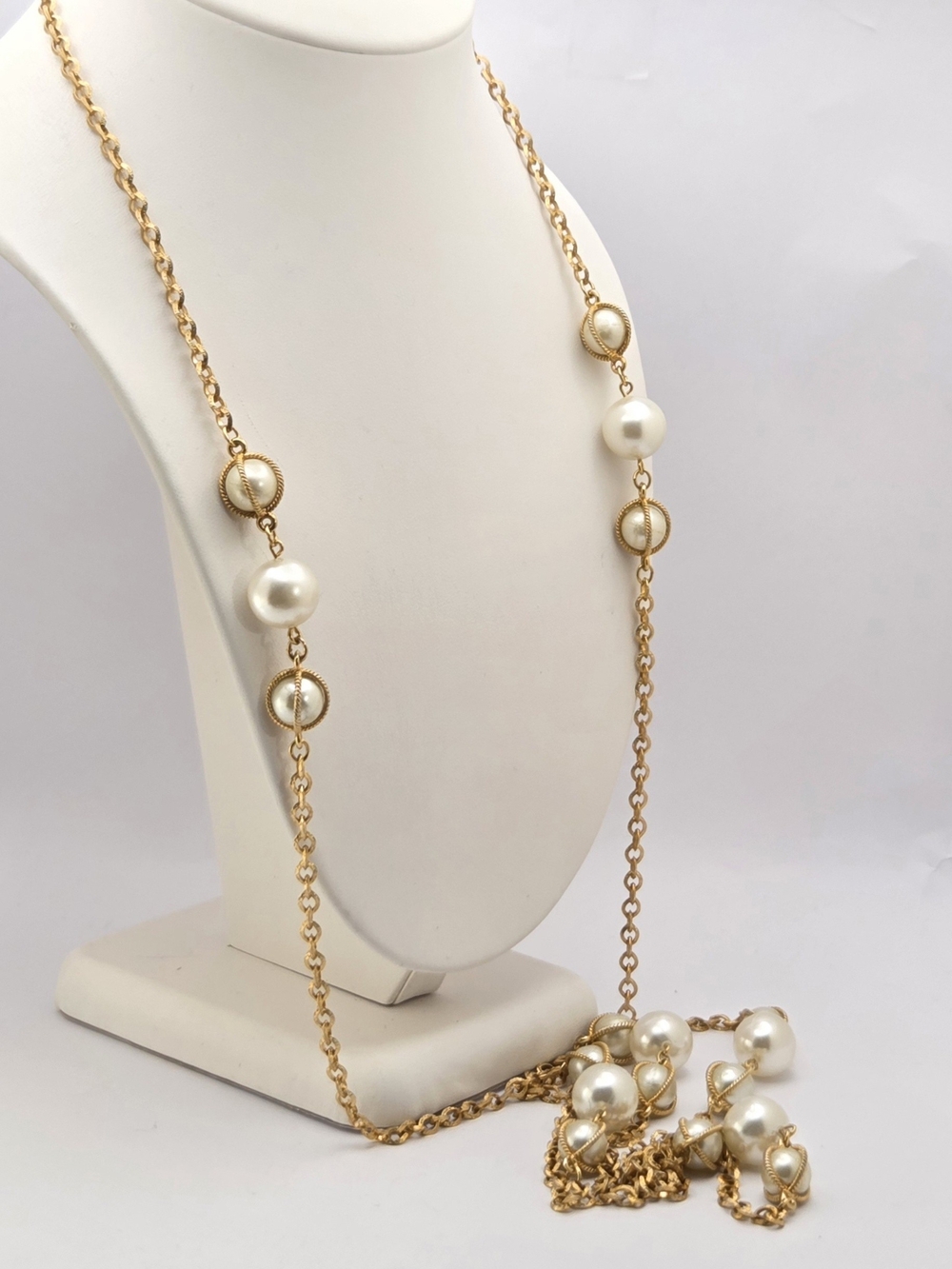 Vintage 54" Faux Pearl Flapper Station Necklace Gold Tone Chain